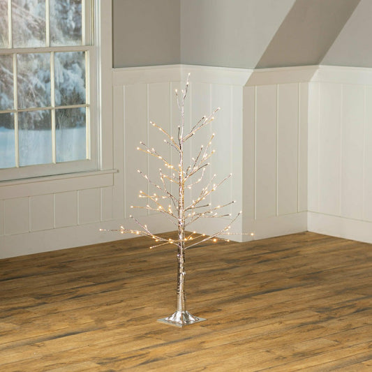 Plow & Hearth 4'H Indoor/Outdoor Silver Metallic Tree with 112 Lights
