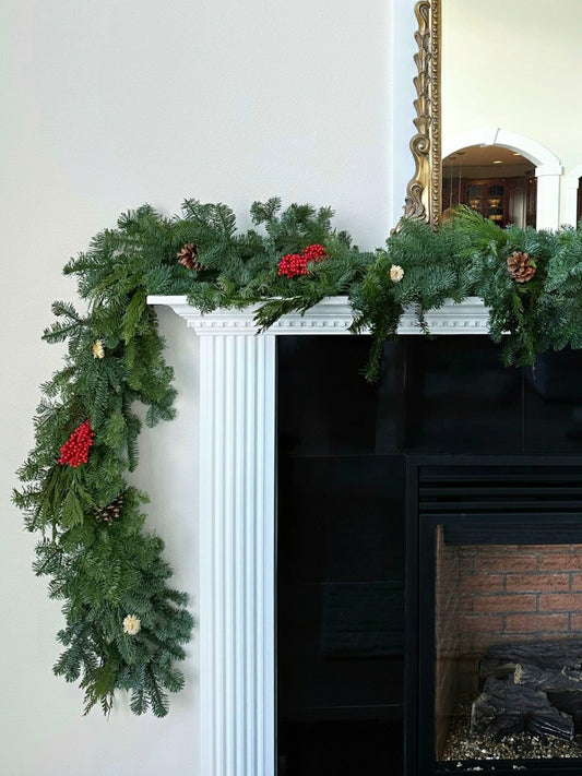Plow & Hearth Noble Fir and Red Berries Fresh Garland, 6'
