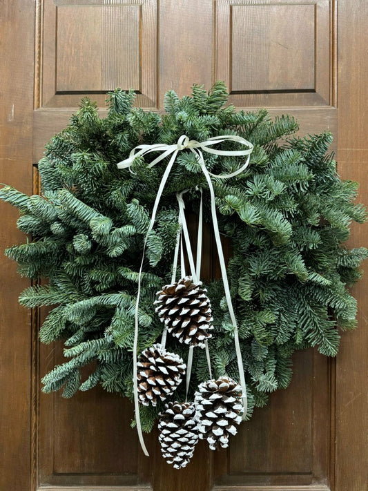 Plow & Hearth Noble Fir and Pinecone Fresh Wreath, 20"