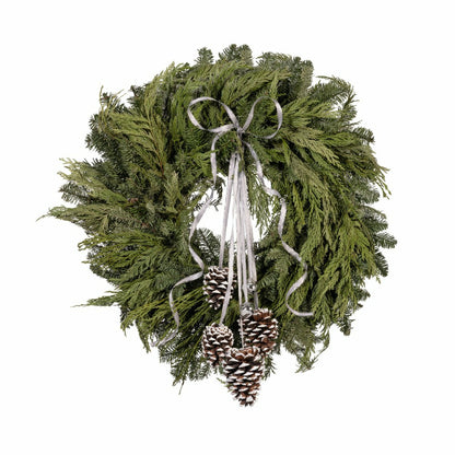 Plow & Hearth Noble Fir and Pinecone Fresh Wreath with Bells, 20"