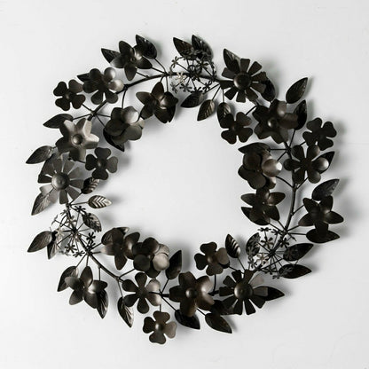 Plow & Hearth Recycled Metal Black Floral Leaf Wreath