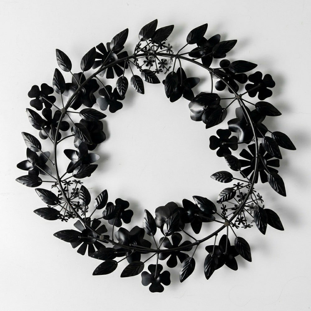 Plow & Hearth Recycled Metal Black Floral Leaf Wreath