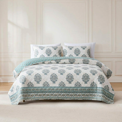 Plow & Hearth Sofia Flower Block Bouquet Reversible Cotton Quilt 3Pc Set
