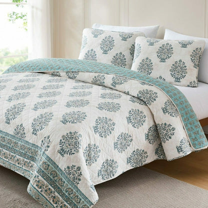 Plow & Hearth Sofia Flower Block Bouquet Reversible Cotton Quilt 3Pc Set