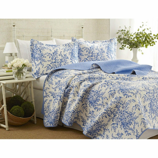 Plow & Hearth King size 100-Percent Cotton Quilt Bedspread Set with Blue White Flora