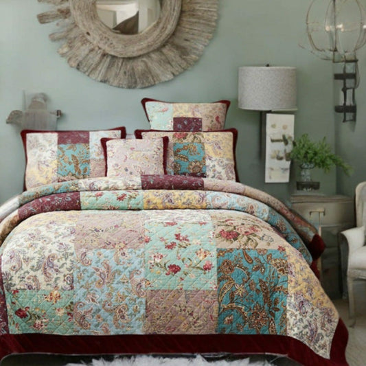 Plow & Hearth Bohemian Burgundy Paisley Patchwork Cotton Bedspread Set