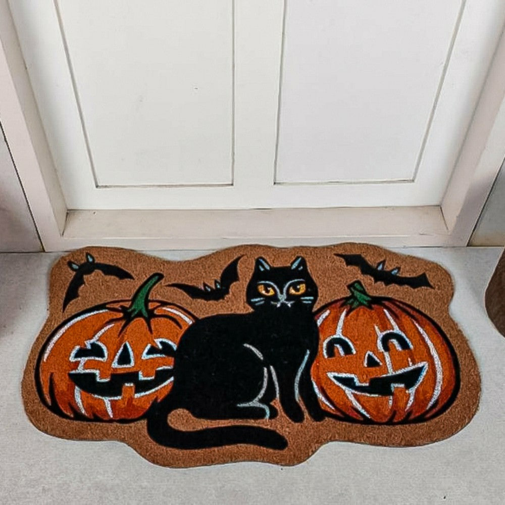 Plow & Hearth Pumpkin Patch Cat Shaped Coir Mat