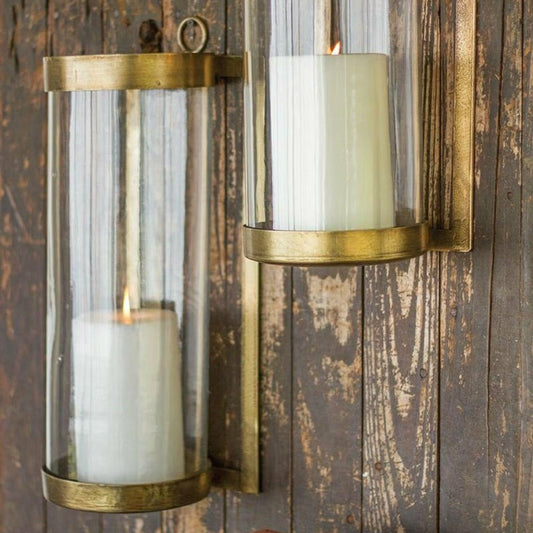 Plow & Hearth Glass and Brass Finished Wall Mounted Hurricane, Large