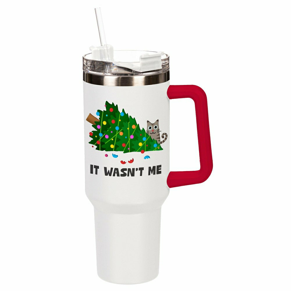 Plow & Hearth Heartfelt Cheer Tumbler Stainless-Steel Trenta Cup w/ Straw, Cat, 30oz