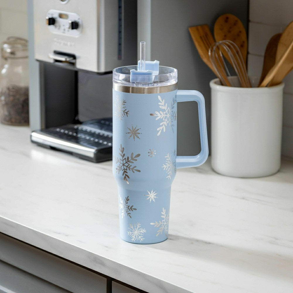 Plow & Hearth Season to Sparkle Tumbler Stainless-Steel Canyon Cup w/ Straw, Snowfla