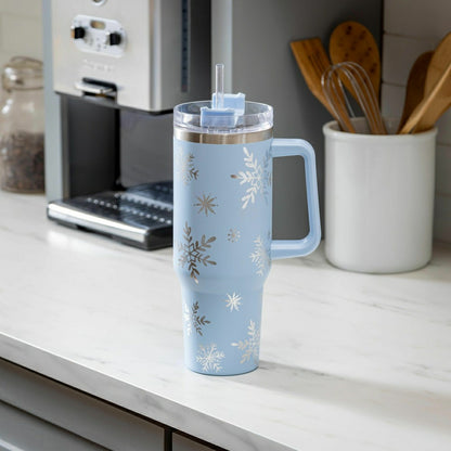Plow & Hearth Season to Sparkle Tumbler Stainless-Steel Canyon Cup w/ Straw, Snowfla