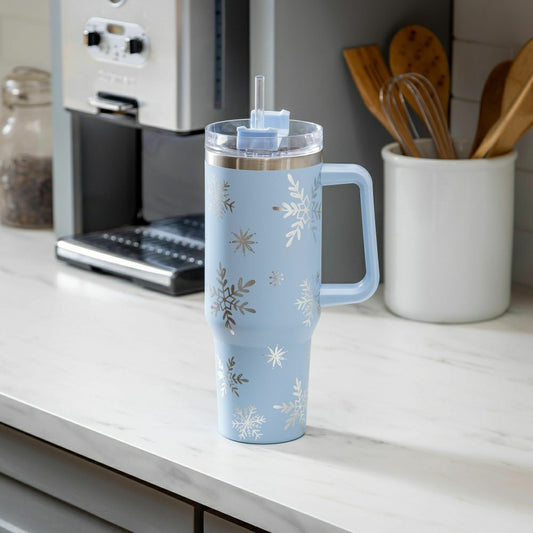 Plow & Hearth Season to Sparkle Tumbler Stainless-Steel Canyon Cup w/ Straw, Snowfla