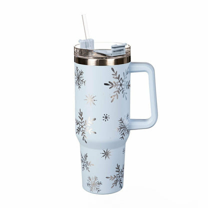 Plow & Hearth Season to Sparkle Tumbler Stainless-Steel Canyon Cup w/ Straw, Snowfla