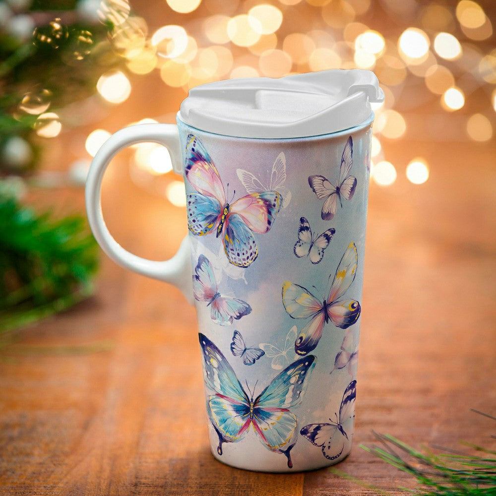 Plow & Hearth Season To Sparkle Travel Cup Ceramic Perfect Cup, Butterfly, 17oz, Gif