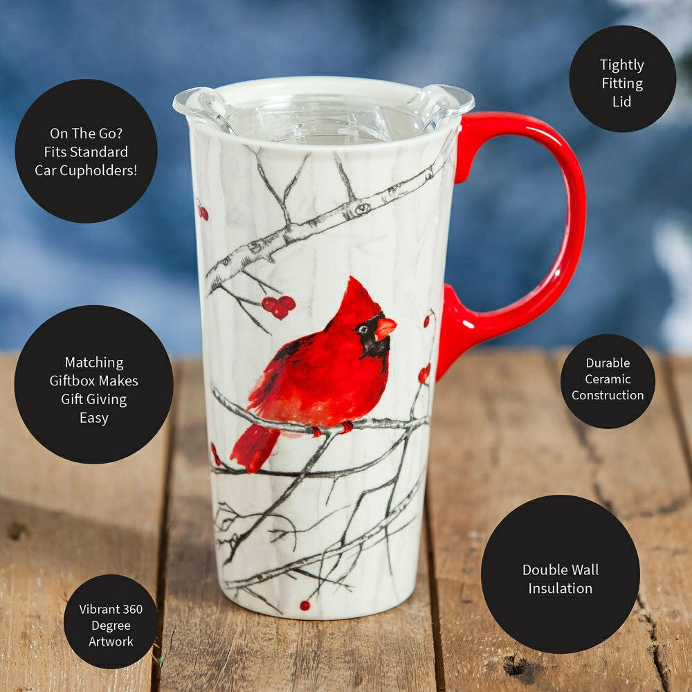 Plow & Hearth Snowbirds Travel Cup Ceramic Perfect Cup, Perching Cardinal, 17oz, Gif
