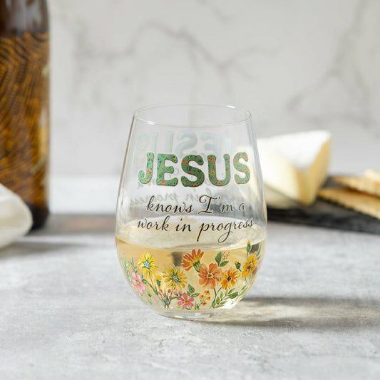 Plow & Hearth Simple Blessings Wine Glass Stemless, Jesus Knows I'm a Work in Progre