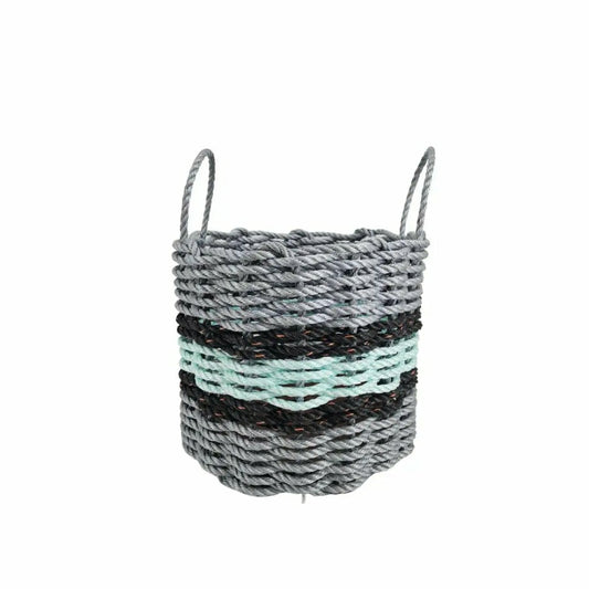 Plow & Hearth Lobster Rope Basket Light Gray and Seafoam, Black Accents
