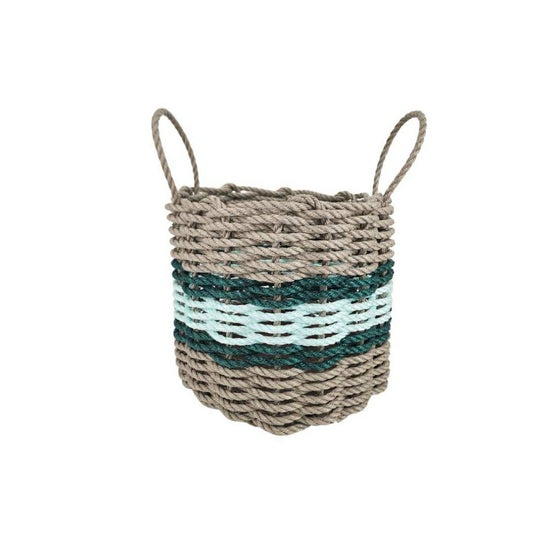 Plow & Hearth Lobster Rope Basket Tan and Seafoam, Hunter Green Accents