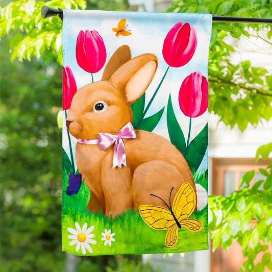 Plow & Hearth Tulips and Bunny Friend Applique House Flag
