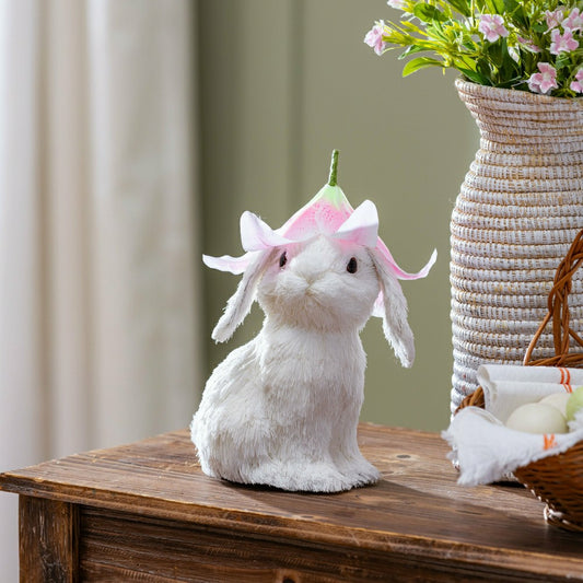 Plow & Hearth Hop Into Spring Table Decor Natural Fiber Bunny with Flower Hat, 10"H