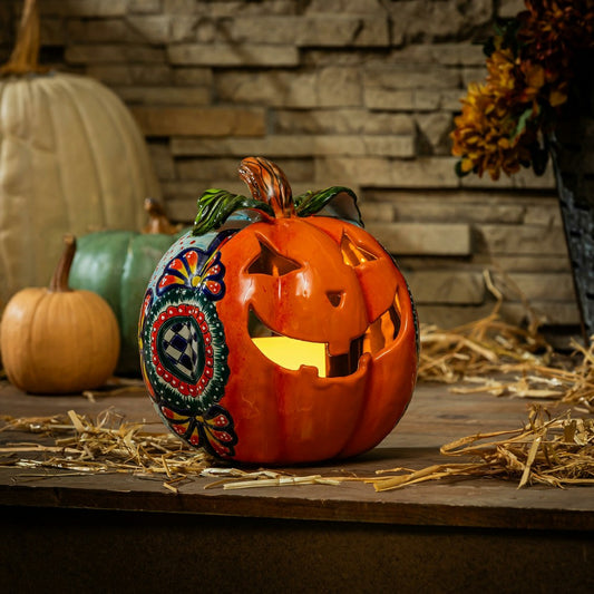 Plow & Hearth 10" Talavera Checkered Flower Ceramic Pumpkin, Small