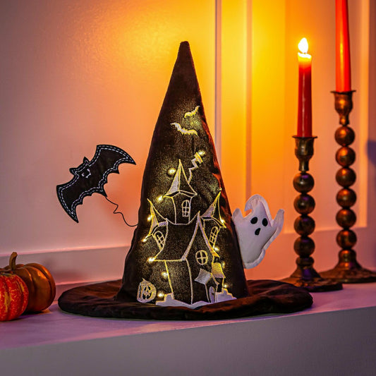 Plow & Hearth Witch Hat LED Fabric Table Décor, 13.75"H