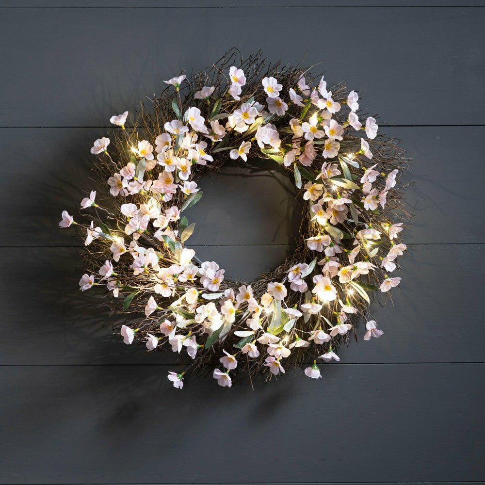 Plow & Hearth Lighted Faux Cherry Blossom Wreath