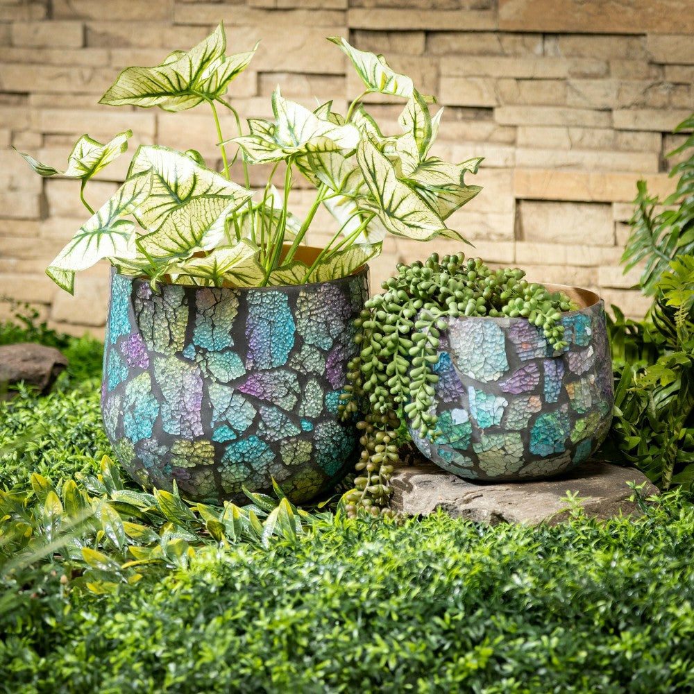Plow & Hearth Garden of Wonder Planter, Mosaic Glass, Nested Set of 2