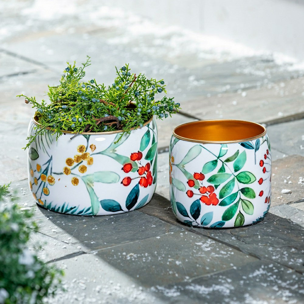Plow & Hearth VivaStyle Planter, Metal Printed Planters, Festive Foliage, 8"H, Set o