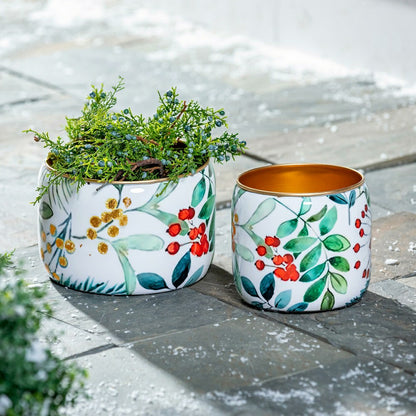 Plow & Hearth VivaStyle Planter, Metal Printed Planters, Festive Foliage, 8"H, Set o
