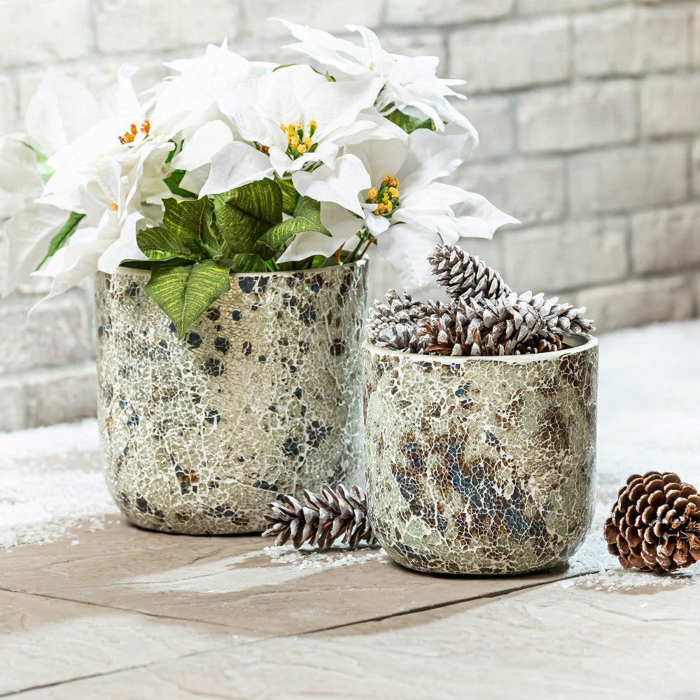 Plow & Hearth Season to Sparkle Planters, Mosaic Glass Planters, Nested Set of 2