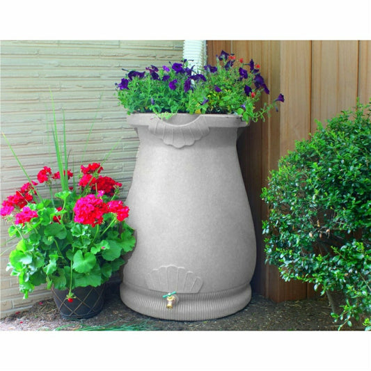 Plow & Hearth Light Grey Granite 65 Gallon Plastic Urn Rain Barrel with Planter Top