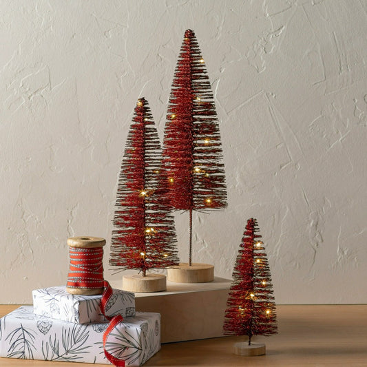 Plow & Hearth Red Wooden LED Tabletop Holiday Trees, Set of 3