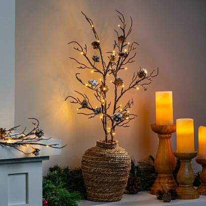Plow & Hearth Winter Grove Stem Pine Cone Frosted LED Artificial Branch, 30"H