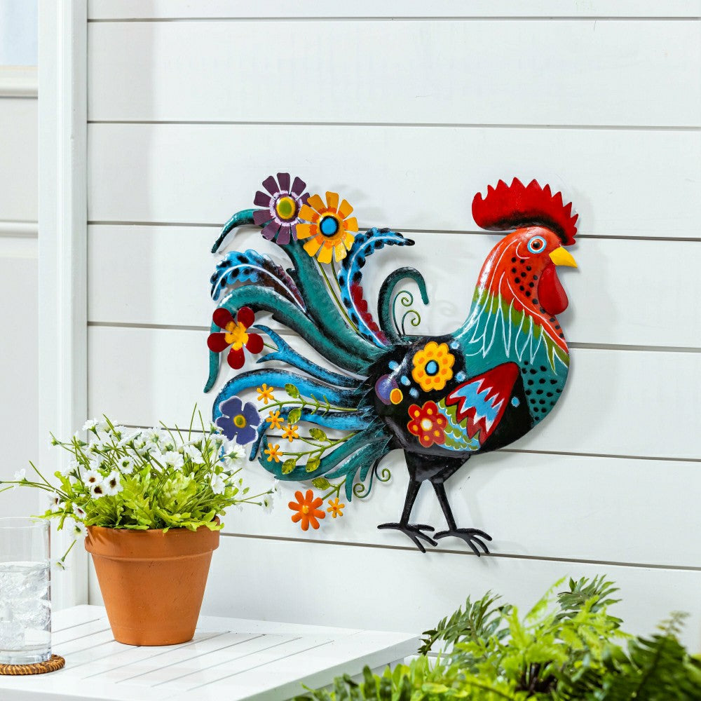 Plow & Hearth Floral Rooster Recycled Metal Wall Art