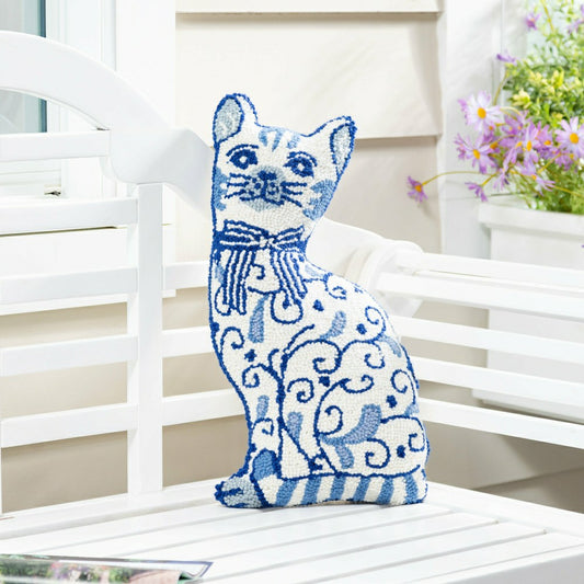 Plow & Hearth Chinoiserie Cat Hooked Pillow