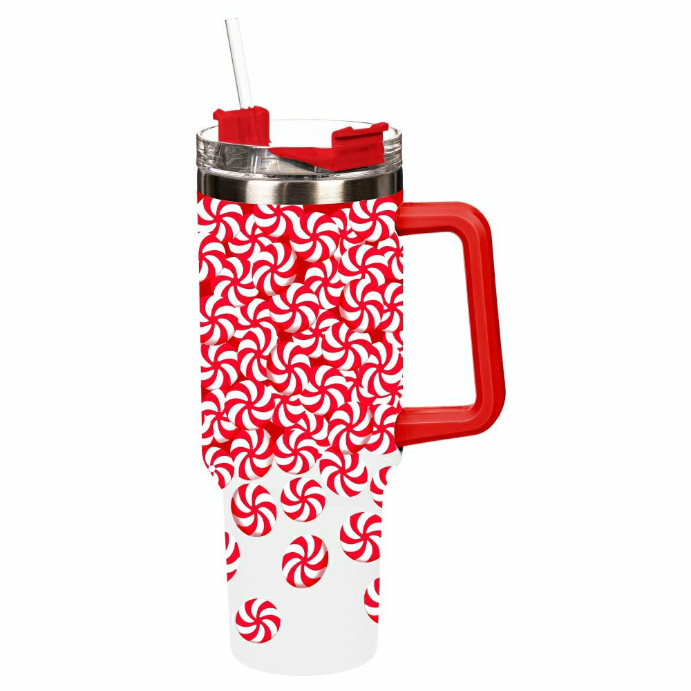 Plow & Hearth Sugar & Stripes Bright Tumbler Stainless-Steel Trenta Cup w/ Straw, Pe