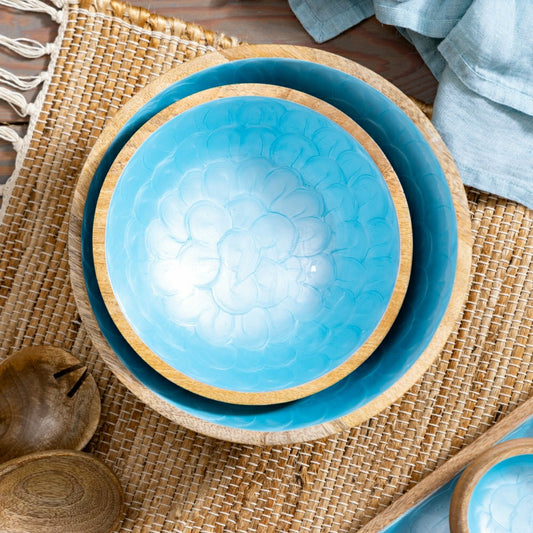 Plow & Hearth Blue Coastal Bowl Wood with Scalloped Enamel, Set of 2