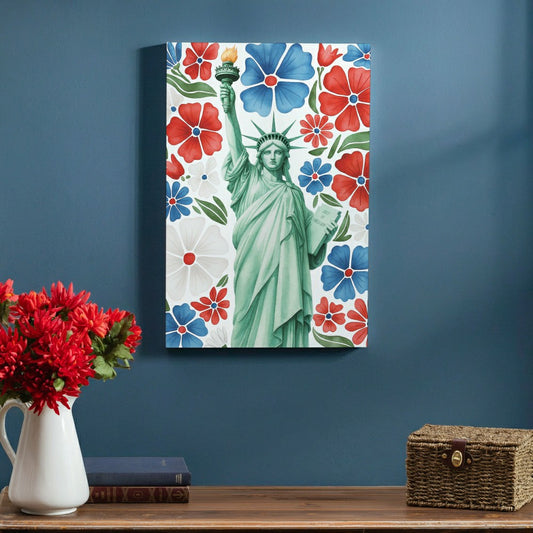 Plow & Hearth Red White & Bloom Indoor Wood Wall Décor, Statue of Liberty 24"x16"