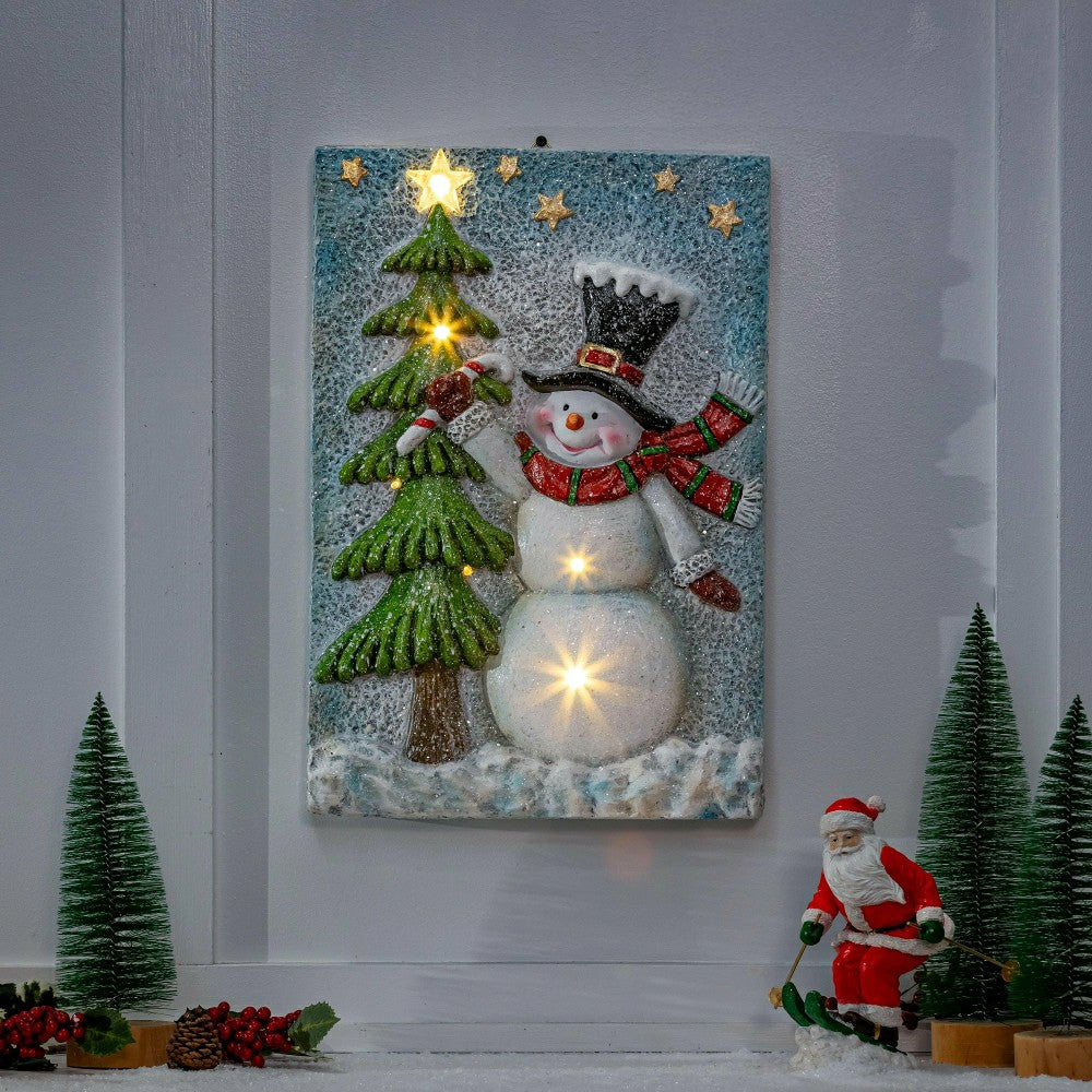 Plow & Hearth Heartfelt Cheer Indoor Wall Decor, LED MGO Textured Wall, Snowman with