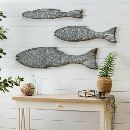 Plow & Hearth Blue Coastal Outdoor Wall Decor, Metal, Galvanized Metal Fish Wall Dec