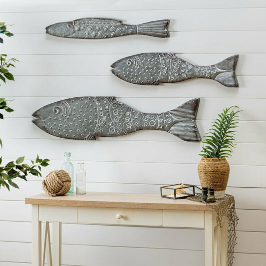 Plow & Hearth Blue Coastal Outdoor Wall Decor, Metal, Galvanized Metal Fish Wall Dec