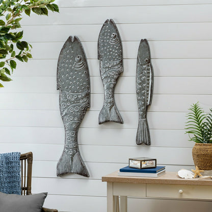 Plow & Hearth Blue Coastal Outdoor Wall Decor, Metal, Galvanized Metal Fish Wall Dec