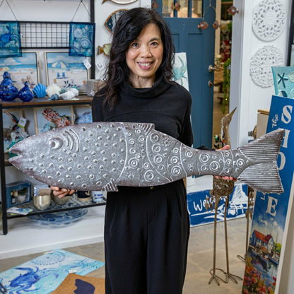 Plow & Hearth Blue Coastal Outdoor Wall Decor, Metal, Galvanized Metal Fish Wall Dec