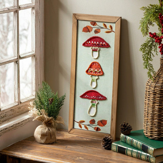 Plow & Hearth Woodland Storybook Indoor Wall Decor, Textile Beaded Mushroom with Woo