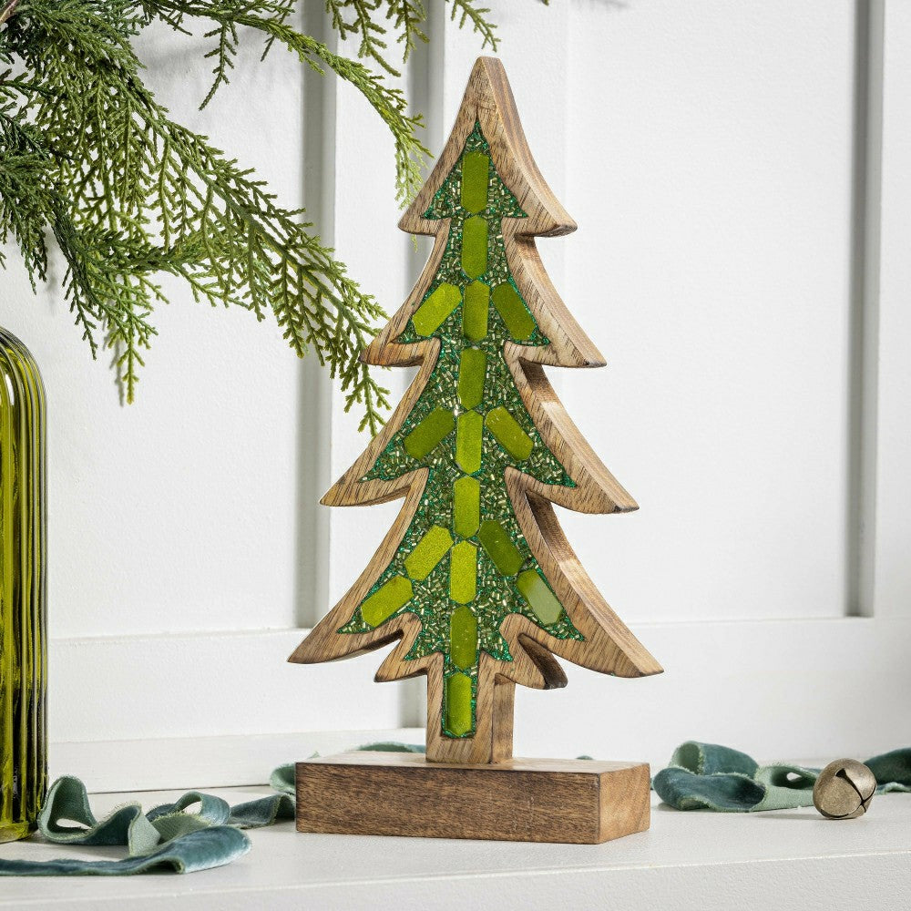 Plow & Hearth Shades of Emerald Table Décor Tree with Embellishments Wood, 12.25"H