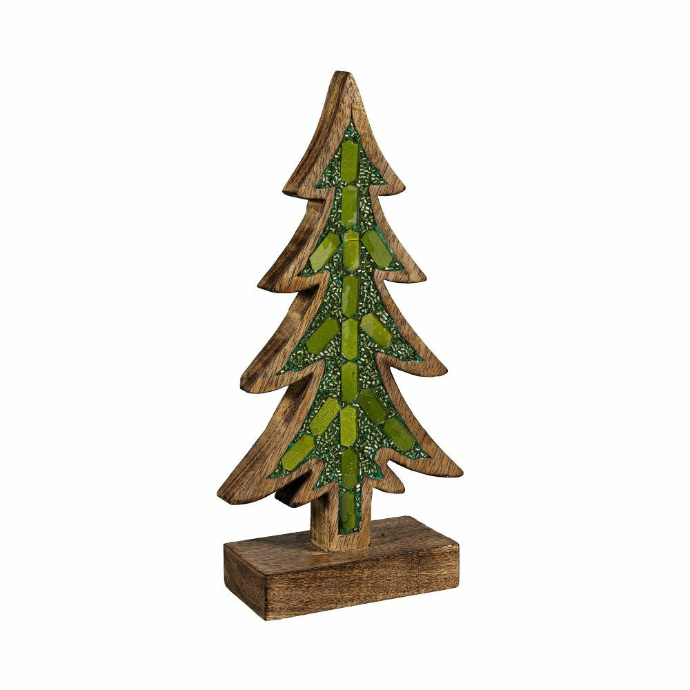 Plow & Hearth Shades of Emerald Table Décor Tree with Embellishments Wood, 12.25"H
