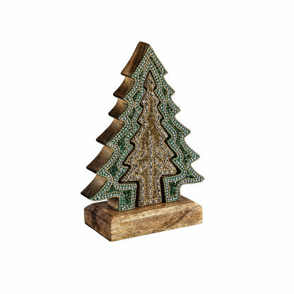 Plow & Hearth Shades of Emerald Table Décor Nested Tree with Beading Wood, 8"H