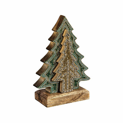 Plow & Hearth Shades of Emerald Table Décor Nested Tree with Beading Wood, 8"H