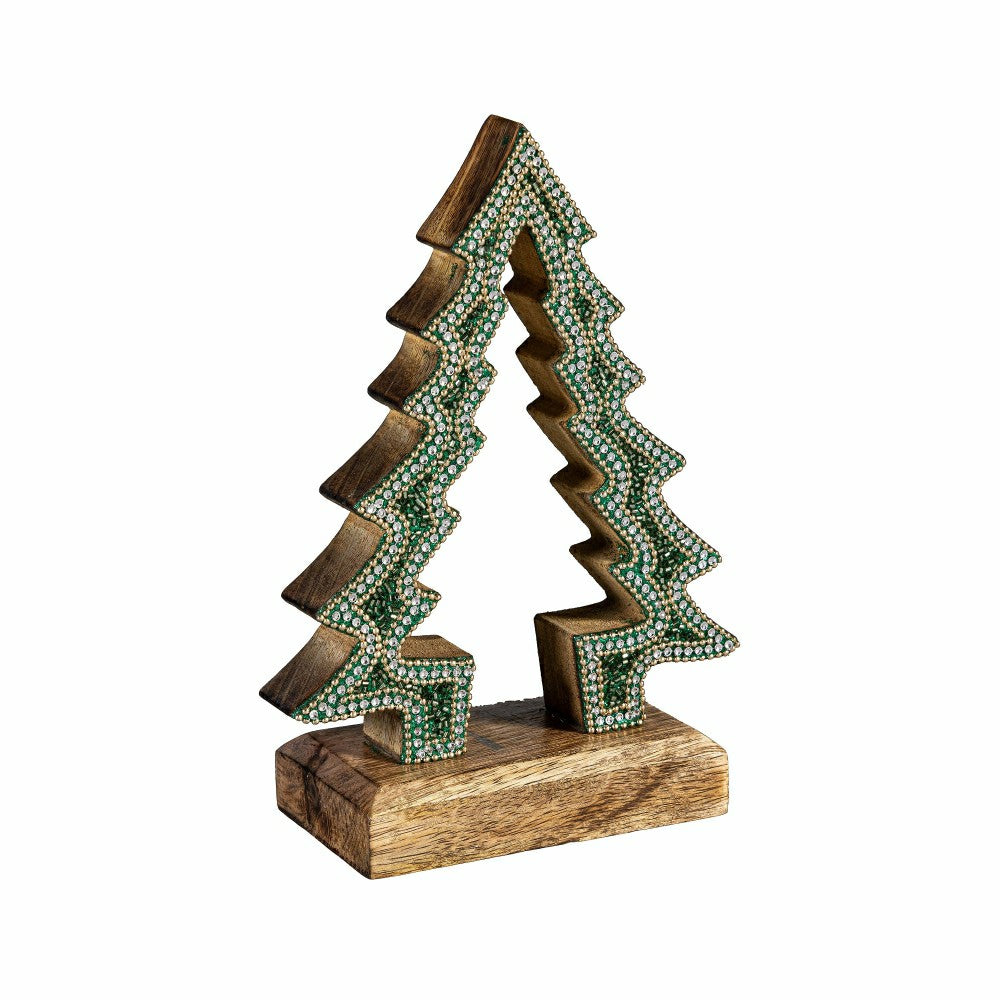 Plow & Hearth Shades of Emerald Table Décor Nested Tree with Beading Wood, 8"H